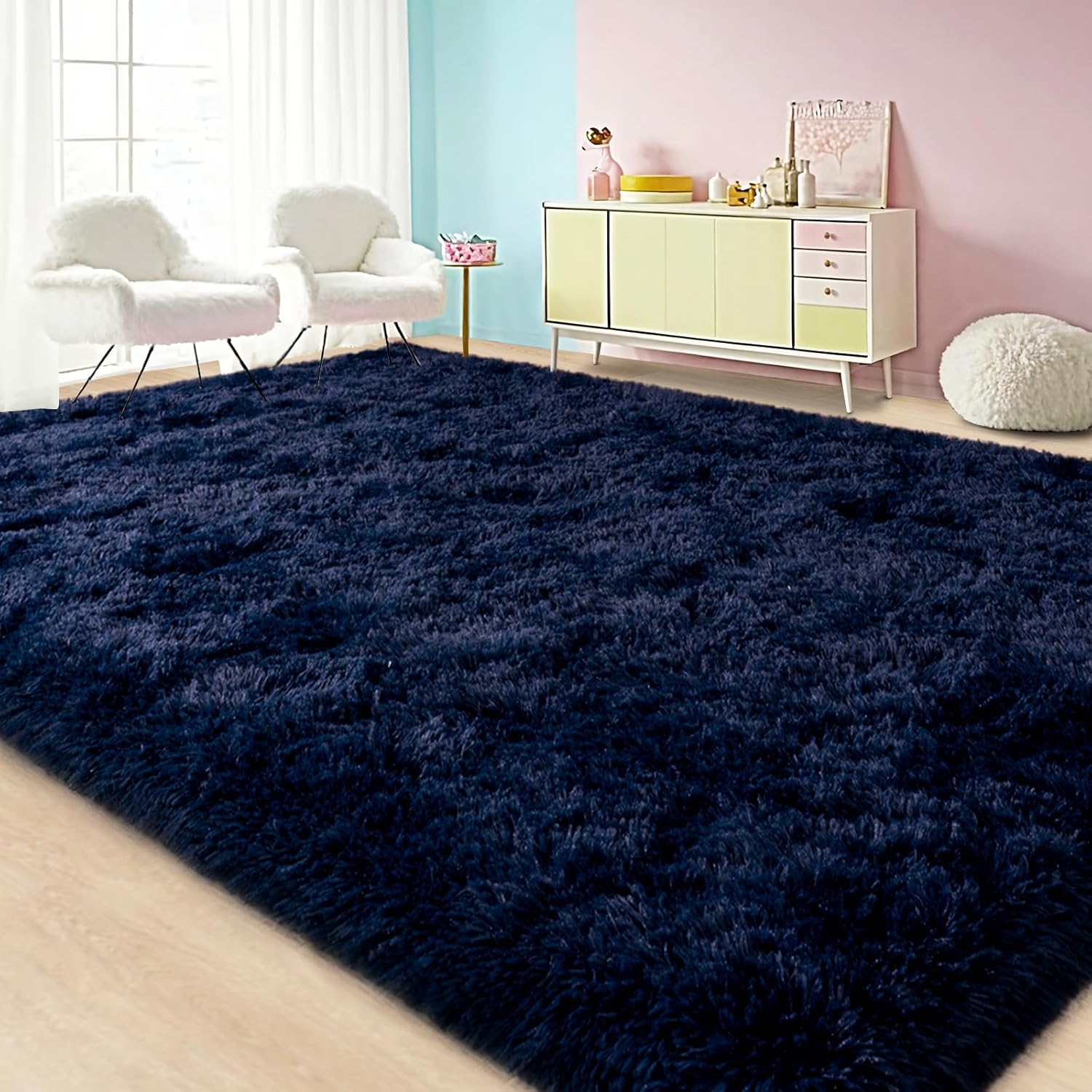 Large Area Rugs for Living Room Bedroom, Dark ? Navy Blue Fluffy Shag Rug, Ultra Soft Shaggy Plush Fuzzy Modern Indoor Throw Floor Carpet for Kids Girls Boys Dorm Nursery Home Decor Aesthetic